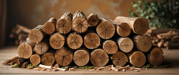 Poster - Cut firewood stack arranged neatly indoors showcasing natural textures, warm tones, and organic elements for rustic decor or seasonal themes.