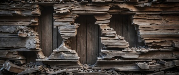 Poster - Weathered wooden wall with intricate textures showcasing peeling layers and rustic charm, ideal for backgrounds and design elements.