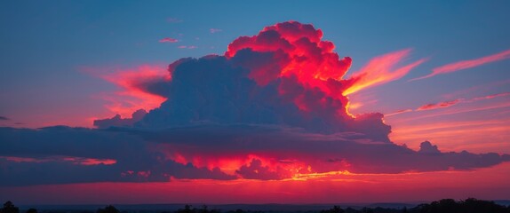 Wall Mural - vibrant sunset illuminating clouds in shades of red against a rich blue sky creating a stunning natu