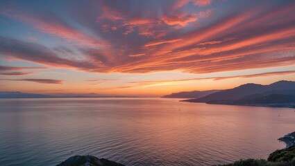 Wall Mural - stunning coastal sunset over calm sea with distant mountains highlighting nature's color palette in 