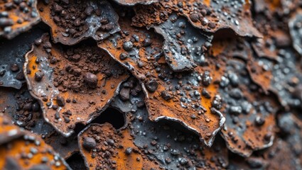Poster - Detailed close-up of corroded metal surface showcasing rust, decay, and texture in an artistic, abstract composition of orange and gray shades.