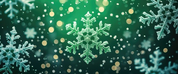 Poster - Bright green snowflake bokeh background with sparkling lights creating a festive winter atmosphere for seasonal designs and projects.