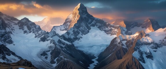 Wall Mural - majestic mountain peaks with snow-capped summits under dramatic sunset sky in a scenic alpine landsc