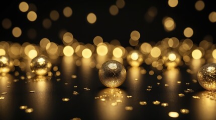 Poster - Golden glitter lights with defocused circles and bright reflections on a black background ideal for festive designs and elegant templates.