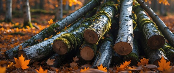 Poster - Autumn scene showcasing a stack of moss-covered birch logs surrounded by fallen leaves in a tranquil park setting.