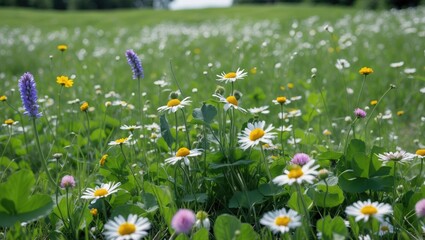 Wall Mural - vibrant summer meadow filled with wildflowers and clovers showcasing daisies, lush greenery, and the