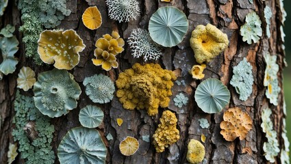 Canvas Print - Diverse lichens and fungi decorating the bark of a tree showcasing unique textures and colors in a natural woodland environment