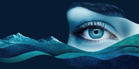 Poster - Mystical eye emerging from ocean waves surreal art abstract design dark blue environment close-up view imagination