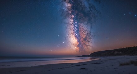Wall Mural - milky way galaxy over serene beach at night soft focus with copy space for text long exposure photog