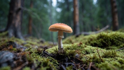 Poster - Delicate Mushroom Emerging from Lush Moss in Tranquil Coniferous Forest with Soft Natural Light and Space for Text Overlay