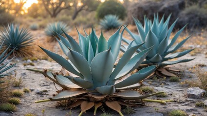 Poster - Agave Americana in a desert landscape with empty space for text showcasing the unique textures and colors of this flowering plant species