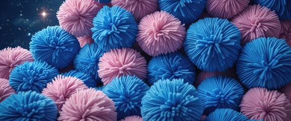 Poster - vibrant blue and pink pom poms scattered against a starry space background creating a whimsical and 