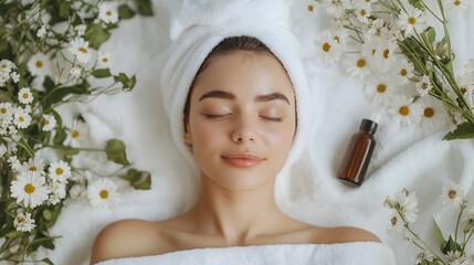 relaxation and self-care moments of a young woman with a towel on her head surrounded by flowers and