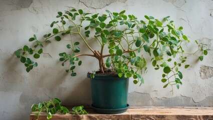 Poster - Syngonium Aurea Plant Displaying Lush Green Foliage Against a Textured Wall in a Contemporary Interior Setting