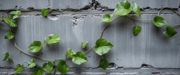 Poster - Close-up of green vine leaves on a gray cement wall with uneven surfaces, creating a natural contrast and space for text layout.