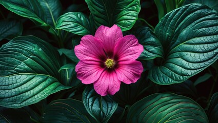 Poster - Vibrant pink flower with textured petals surrounded by lush green leaves creating a striking visual contrast in a natural setting.