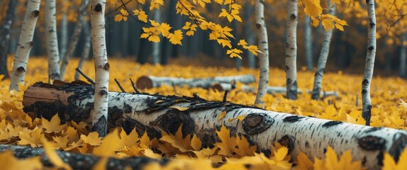 Poster - birch log resting on a vibrant carpet of yellow autumn leaves in a serene forest setting.