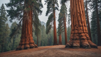 Poster - Majestic Sequoia Trees in a Forest Setting with Ample Space for Text or Overlay Design Elements