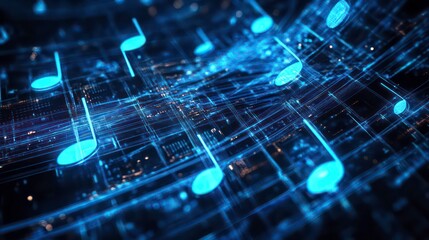 Wall Mural - digital music notes - abstract, glowing, blue, technology, music notes, digital art, abstract art