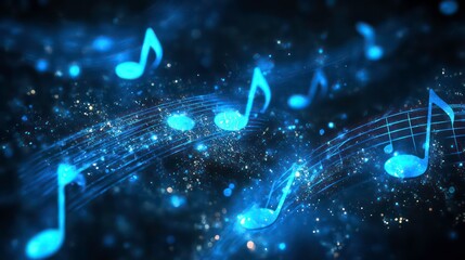 Wall Mural - digital music notes - abstract, glowing, blue, technology, music notes, digital art, abstract art
