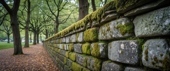 Poster - Closeup of a moss-covered stone wall in a serene park setting surrounded by lush trees and fallen leaves creating a tranquil atmosphere.
