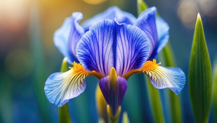 Poster - Vibrant Close-Up of a Blue Iris Flower with Intricate Petal Details and Soft Background Bokeh