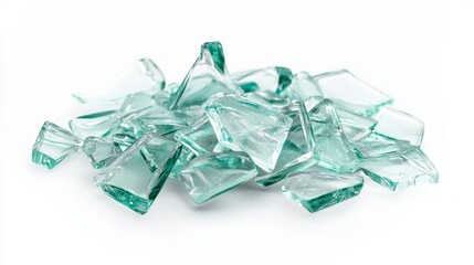 Poster - Broken pieces of glass lay in an artistic arrangement on a pristine white background, capturing light and shadow in a mesmerizing way