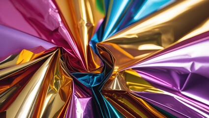 Poster - Colorful metallic foil paper with vibrant hues creating dynamic textures and reflections for creative design and festive decoration.