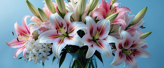 Poster - Elegant bouquet of pink and white lilies with soft blue background showcasing creative floral artistry and pastel color harmony.