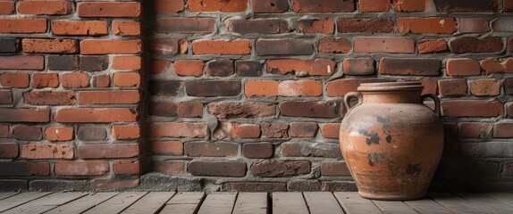 Poster - Decorative earthenware jar against a rustic brick wall showcasing vintage style and texture in interior design setting.