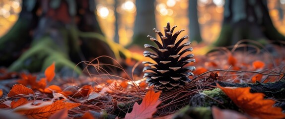 Poster - Pine cone nestled among vibrant fall leaves in a serene forest scene showcasing autumn colors and soft natural lighting.