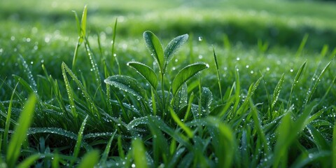 Canvas Print - Fresh Morning Dew on Lush Green Grass with Bright Sunlight and Space for Text Highlighting Natural Serenity and Freshness