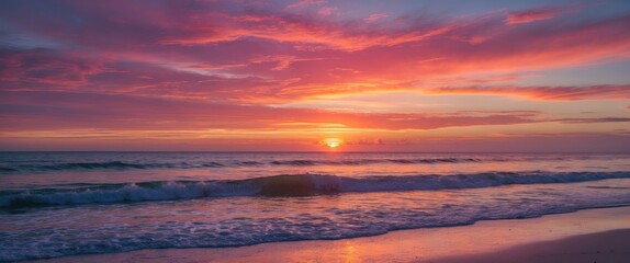 Wall Mural - tranquil beach sunset with vibrant orange pink and purple hues reflecting on calm waters creating a 