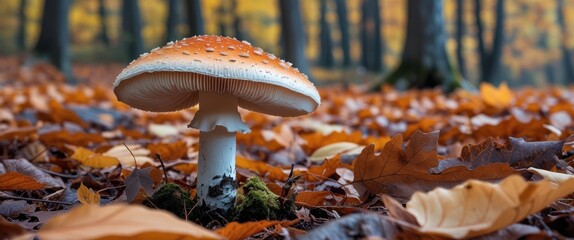 Poster - Bright mushroom contrasts with autumn leaves showcasing nature's beauty and seasonal change in a tranquil forest setting.