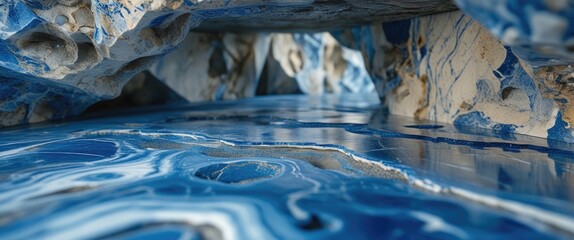 Canvas Print - Abstract blue and white marble texture with dynamic patterns and rock formations creating a visually striking macro perspective.