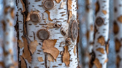 Wall Mural - Closeup of birch tree bark showcasing intricate textures and natural colors perfect for backgrounds or nature-themed designs.