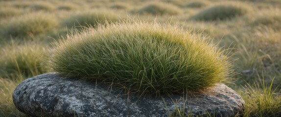 Poster - Lush green grass atop a textured stone surrounded by a serene landscape showcasing nature's resilience and beauty.