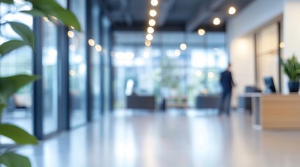 Poster - A contemporary office setting with a blurred background highlights clean lines and natural light. Subtle greenery brings a touch of nature into a focus on work and interaction among professionals