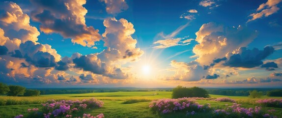 Wall Mural - vibrant summer landscape showcasing a stunning sky with dramatic clouds and sunlight illuminating a 