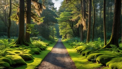 Poster - Tranquil forest pathway lined with lush green moss and ferns under sunny skies, inviting nature's serene beauty with ample copy space.