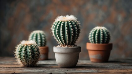Poster - Succulent cactus plants in stylish pots arranged on a wooden table with a textured background showcasing their unique shapes and textures.