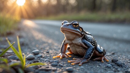 Poster - A Toad Resting on Gravel Road Enjoying Warm Sunlight in Nature with Lush Greenery and Soft Background Light.