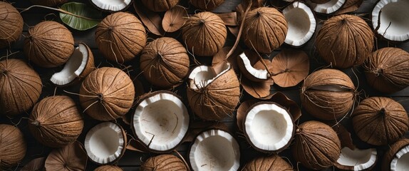 Poster - Dried coconut shells and leaves arranged artistically for natural background and wallpaper design concepts in home decor.