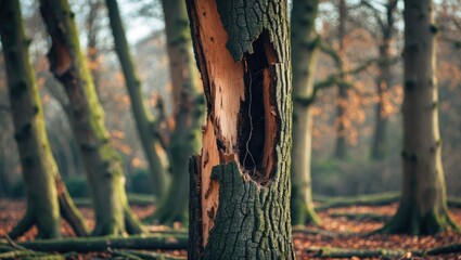 Poster - Damaged tree trunk in a serene forest setting highlighting the impact of nature on trees during autumn season.