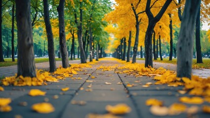 Wall Mural - Tranquil Park Walkway Surrounded By Lush Green Trees And Vibrant Yellow Leaves Creating A Serene Autumn Atmosphere