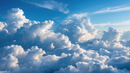 Poster - Fluffy White Clouds in a Bright Blue Sky with Expansive Copy Space for Text or Design Elements