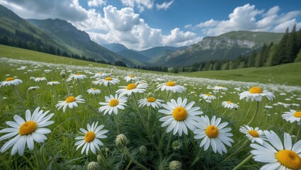 Wall Mural - Beautiful summer meadow filled with chamomile flowers with mountains and blue sky in the background, showcasing nature's vibrant landscape.