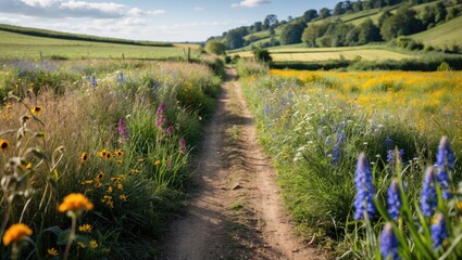 Wall Mural - Scenic Pathway Through Lush Wildflower Fields Under Blue Skies With Space For Text Overlay In Nature Inspired Design