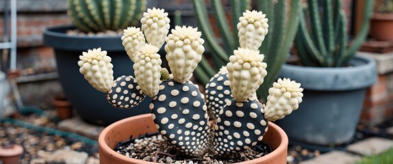 Poster - Cactus plant in a terracotta pot featuring Haworthia limifolia with distinctive cream and black coloration displayed in a vibrant garden setting.