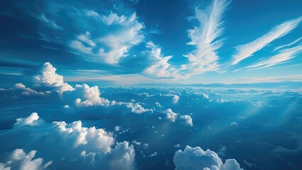Poster - Aerial view of serene blue sky filled with soft, fluffy clouds illuminated by sunlight creating a tranquil atmosphere